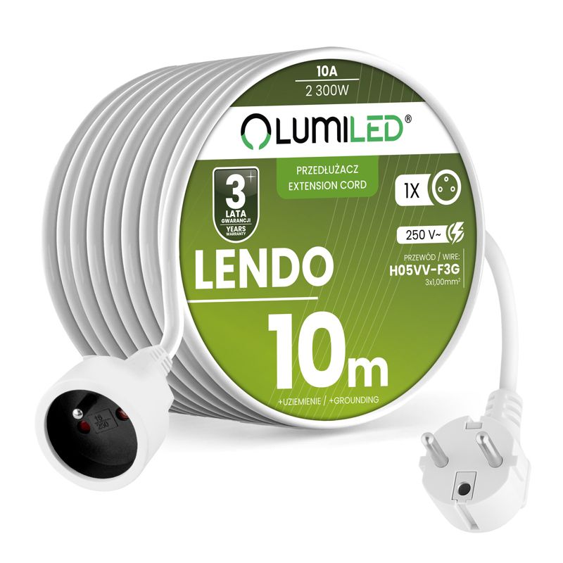 Przedłużacz Sieciowy Lumiled Kabel z Uziemieniem Listwa Zasilająca 1 Gniazdo 10m Biały Sznur 1 szt.