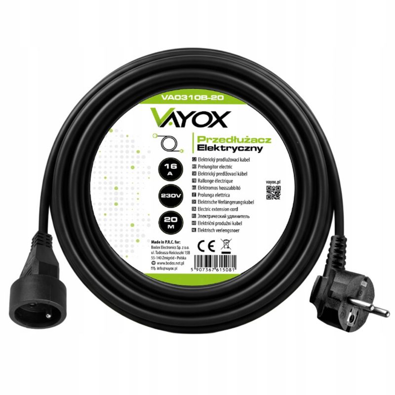 Przedłużacz jednogniazdowy Vayox VA0310B-20 z uziemieniem czarny 16A 20m 1 szt.