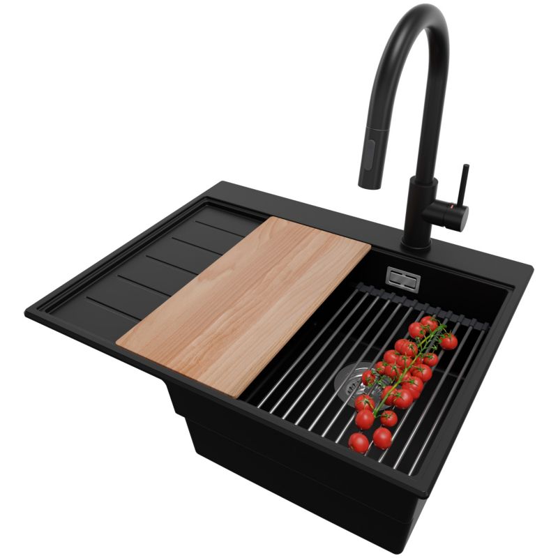 Zlewozmywak Granitowy Sydney PRIMAGRAN Nablatowy 62x50cm do szafki od 40cm, Czarny + Bateria + Syfon + Akcesoria, S035, 1 szt.