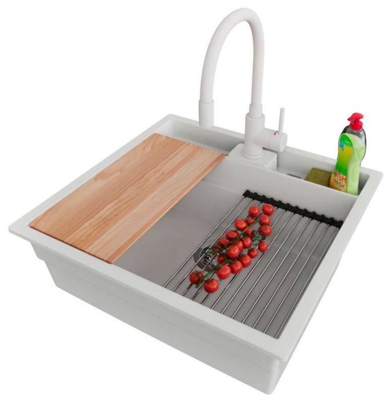 Zlewozmywak podblatowy Bergen Pocket PRIMAGRAN 56x54cm do szafki od 60cm, Biały + Bateria 38x14cm + Syfon + Akcesoria, , 1 szt.