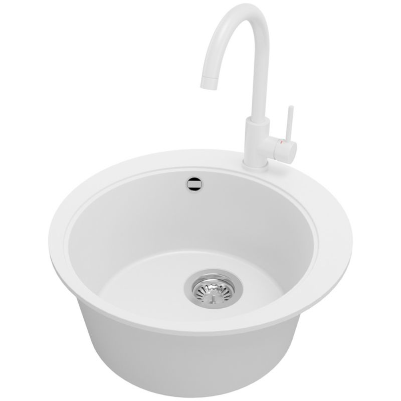 Zlewozmywak Granitowy Okrągły Piza PRIMAGRAN Nablatowy 50x50cm do szafki od 45cm z Syfonem i Baterią Biały 1 szt.