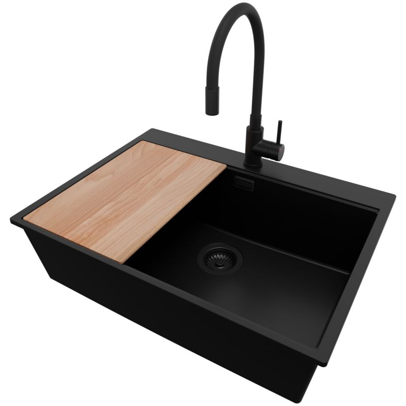 Zlewozmywak Granitowy Oslo PRIMAGRAN Nablatowy 68x50cm do szafki od 70cm, Cały Czarny + Bateria + Syfon + Deska, S514, 1 szt.