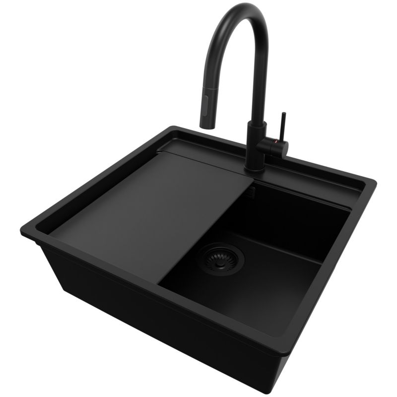 Zlewozmywak Granitowy Bergen PRIMAGRAN Nablatowy 56x53cm do szafki od 60cm, Cały Czarny + Bateria + Syfon + Deska, S219, 1 szt.