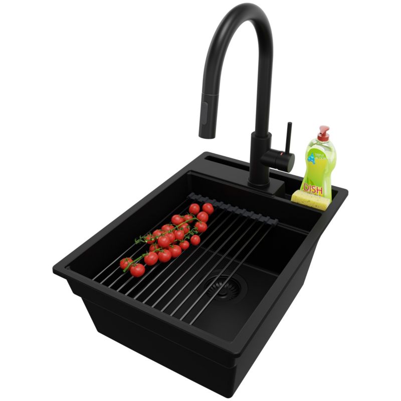 Zlewozmywak Granitowy Oslo Pocket PRIMAGRAN Nablatowy 38x53cm do szafki od 40cm z Syfonem i Baterią i Dodatkiem Cały Czarny 1 szt.