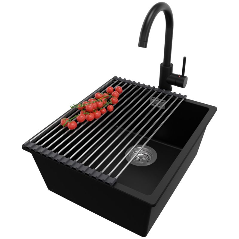 Zlewozmywak Granitowy Londyn Slim PRIMAGRAN Nablatowy 41x47cm do szafki od 45cm z Syfonem i Baterią i Dodatkiem Czarny 1 szt.