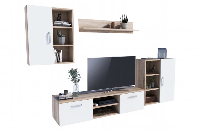 Zestaw mebli do salonu Kobi ICARO szafka RTV, szafka stojąca, szafka wisząca, półka - Dąb Sonoma / Biały 1 szt.