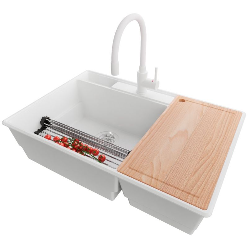 Zlewozmywak Granitowy Paryż PRIMAGRAN Nablatowy 78x53cm do szafki od 80cm, Biały + Bateria + Syfon + Akcesoria, S050, 1 szt.