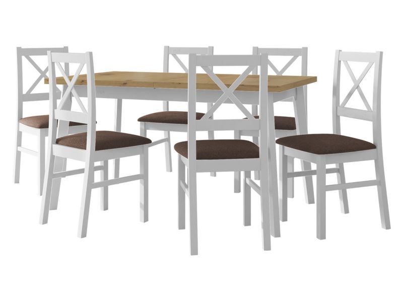 Zestaw DR11 MIRJAN 24 Stół rozkładany Oslo V 80x140/180 + 6 krzeseł Nilo 10 dąb artisan + biały + brązowa tapicerka 1 kpl.