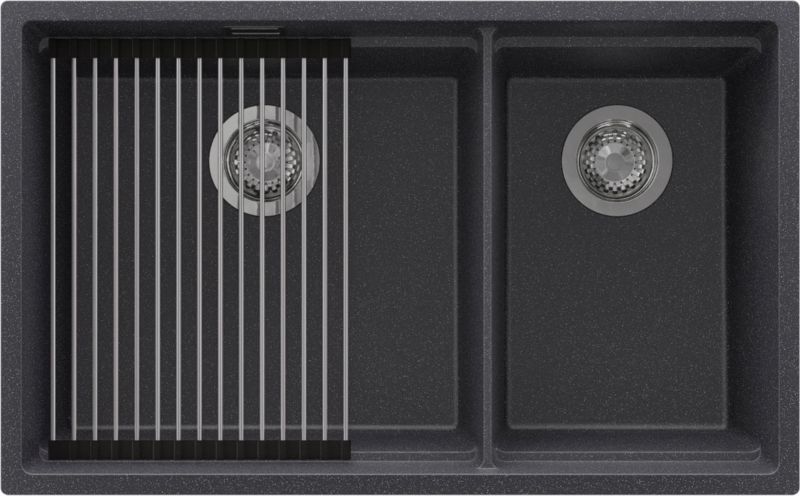 Zlewozmywak Praga Slim Duo PRIMAGRAN Nablatowy 76x47cm do szafki od 80cm, Grafitowy + Syfon + Zwijany ociekacz, , 1 szt.