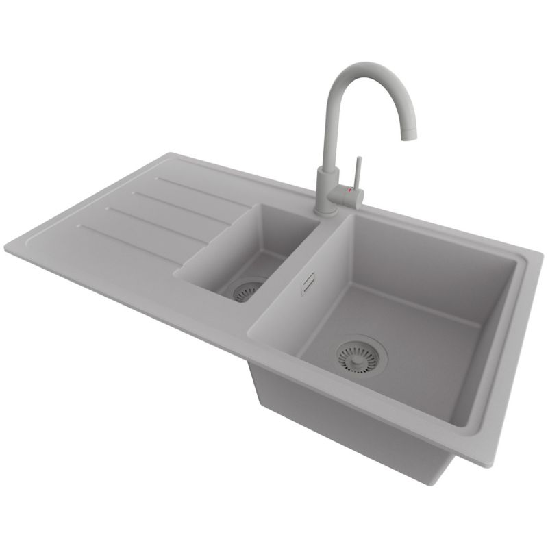 Zlewozmywak Granitowy Kopenhaga Duo PRIMAGRAN Nablatowy 90x50cm do szafki od 60cm, Szary + Bateria 32x20cm + Syfon, S016, 1 szt.