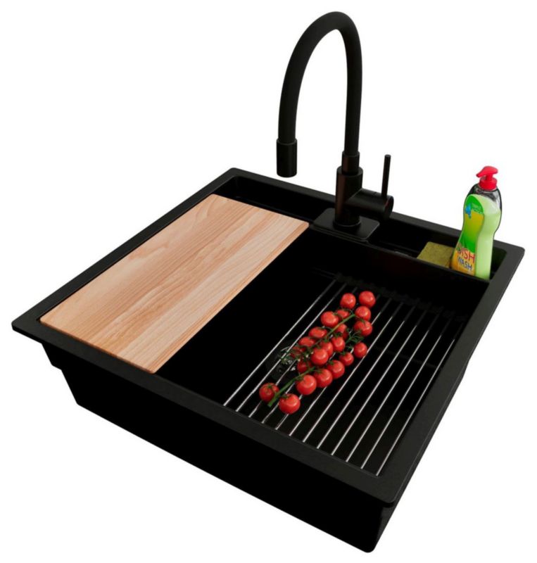 Zlewozmywak podblatowy Bergen Pocket PRIMAGRAN 56x54cm do szafki od 60cm, Czarny + Bateria 40x38cm + Syfon + Akcesoria, , 1 szt.