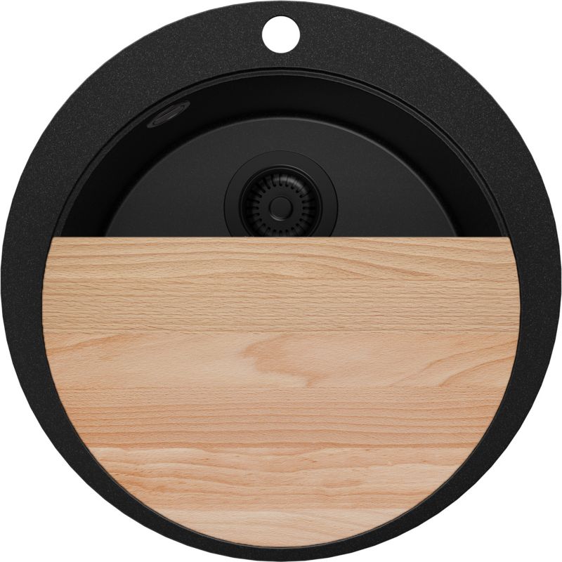 Zlewozmywak Okrągły Piza Max PRIMAGRAN Nablatowy 53x53cm do szafki od 50cm, Cały Czarny + Syfon + Deska, S041, 1 szt.