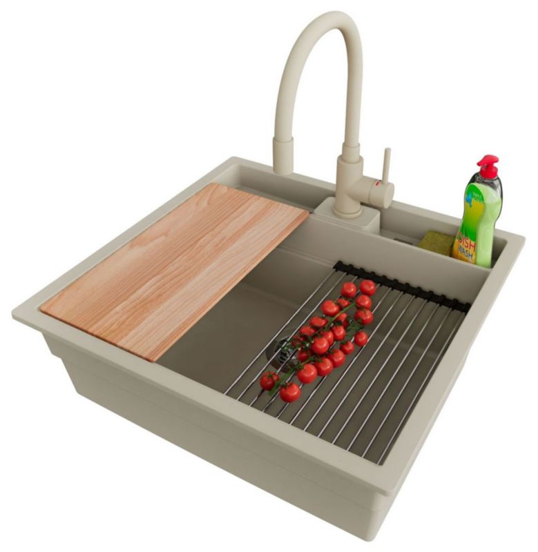 Zlewozmywak podblatowy Bergen Pocket PRIMAGRAN 56x54cm do szafki od 60cm, Beżowy + Bateria 38x14cm + Syfon + Akcesoria, , 1 szt.