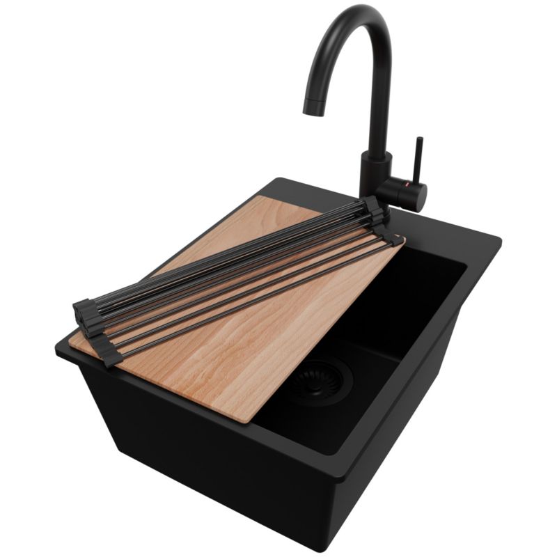 Zlewozmywak Granitowy Ryga PRIMAGRAN Nablatowy 38x50cm do szafki od 40cm z Syfonem i Baterią i Dodatkiem Cały Czarny 1 szt.