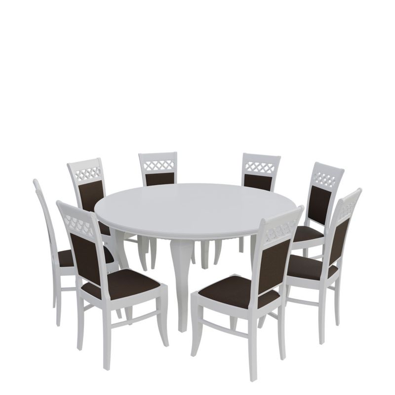 Zestaw RO32 MIRJAN 24 Stół rozkładany S27 150x150/200 + 8 krzeseł K52 biały + gorzka czekolada 1 kpl.