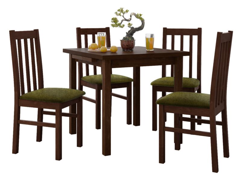 Zestaw DR14 Stół rozkładany Max VII 80x80/110 + 4 krzesła Bos 10 orzech + ciemnozielona tapicerka 1 kpl.