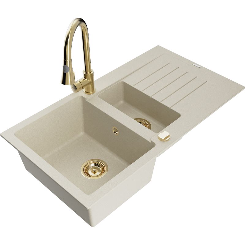 Zlewozmywak granitowy 1.5-komorowy Mexen Matias z ociekaczem i baterią kuchenną Elia beżowy 6502-69-670101-50