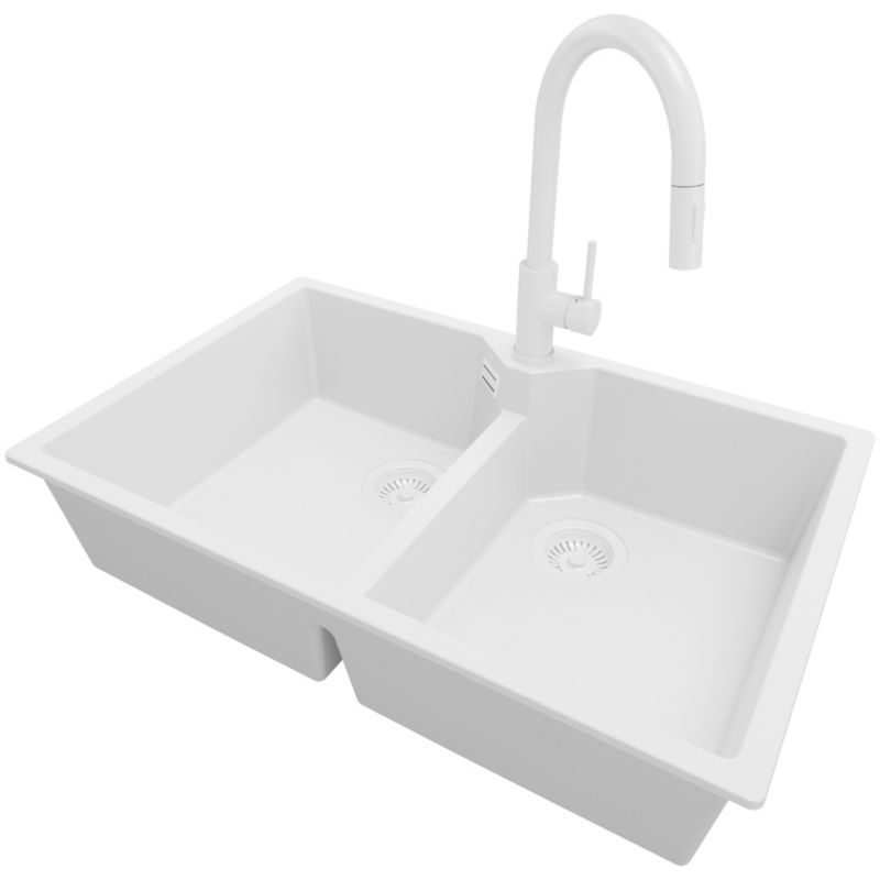 Zlewozmywak Granitowy Madryt Twin PRIMAGRAN Nablatowy 78x50cm do szafki od 80cm, Cały Biały + Bateria + Syfon, S018, 1 szt.