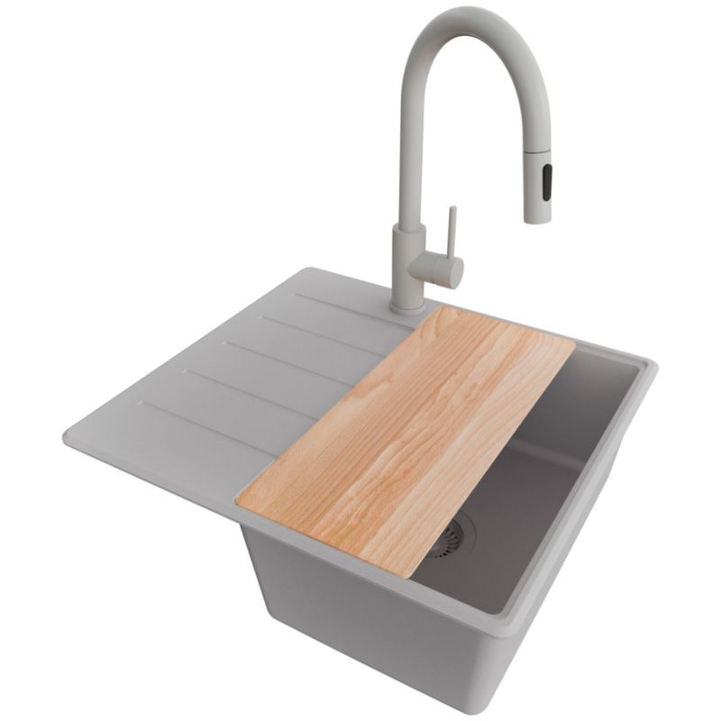 Zlewozmywak Granitowy Kopenhaga PRIMAGRAN Nablatowy 55x50cm do szafki od 40cm, Szary + Bateria + Syfon + Deska, S080, 1 szt.