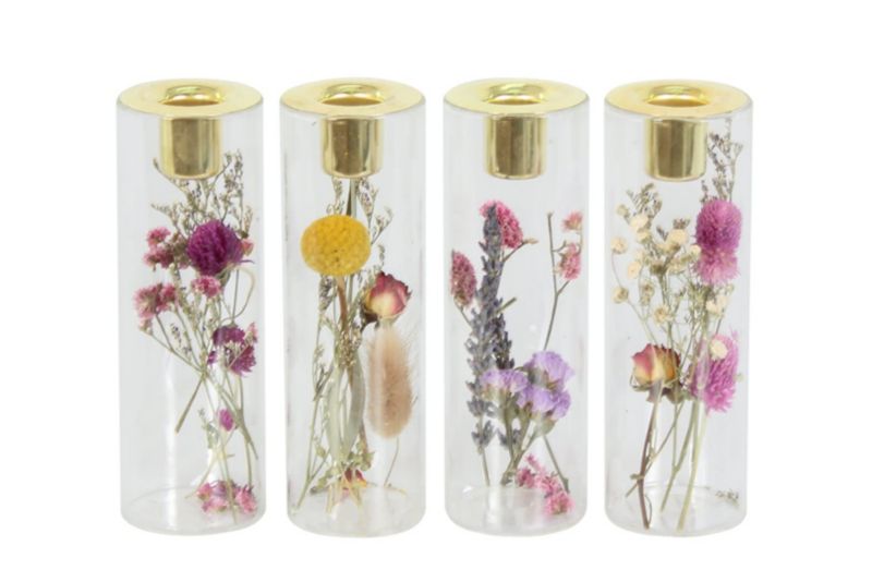 Świecznik szklany suszone kwiaty 5 x 16 cm