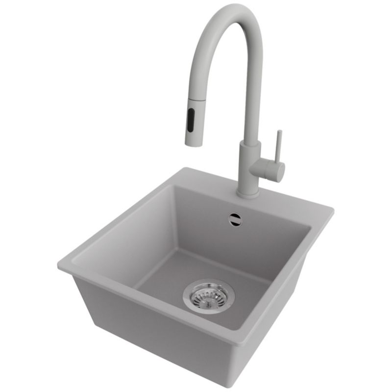 Zlewozmywak Granitowy Ryga Easy PRIMAGRAN Nablatowy 38x44cm do szafki od 40cm, Szary + Bateria 40x20cm + Syfon, S023, 1 szt.