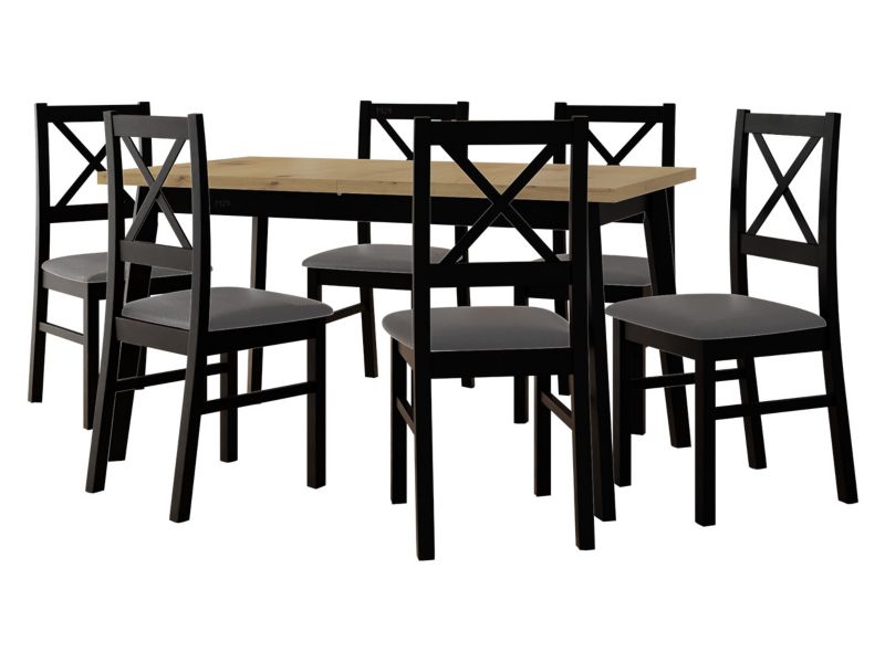 Zestaw DR11 MIRJAN 24 Stół rozkładany Oslo V 80x140/180 + 6 krzeseł Nilo 10 dąb artisan + czarny + ciemnoszara tapicerka 1 kpl.