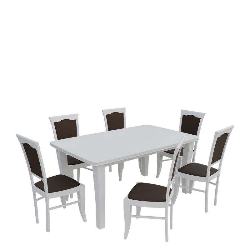 Zestaw RO30 MIRJAN 24 Stół rozkładany S26 100x160/400 + 6 krzeseł K13 biały + gorzka czekolada 1 kpl.