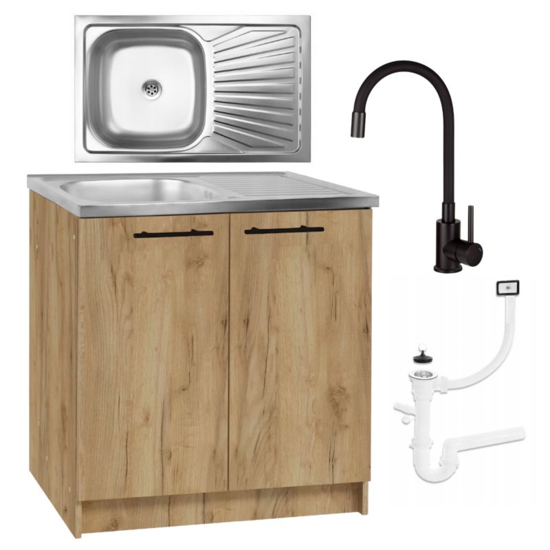 Szafka Kuchenna Stamar Dąb Złoty 800x500mm + Zlew +Bateria Deante Czarna Elastyczna 1 szt