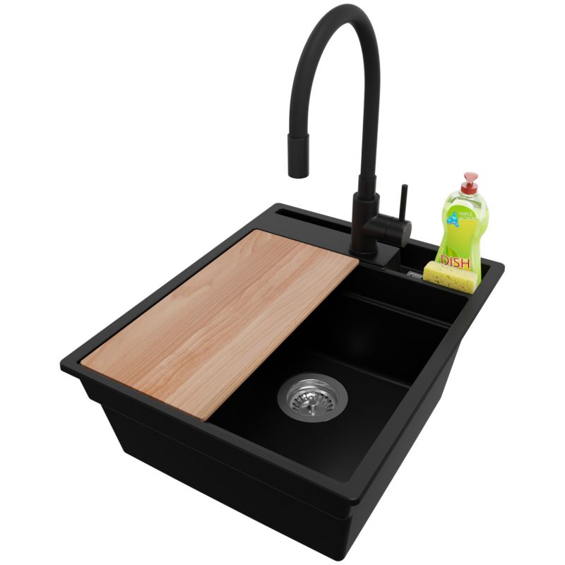 Zlewozmywak Granitowy Oslo Pocket PRIMAGRAN Nablatowy 43x53cm do szafki od 45cm z Syfonem i Baterią i Dodatkiem Czarny 1 szt.