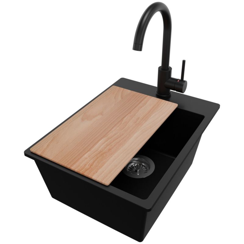 Zlewozmywak Granitowy Ryga PRIMAGRAN Nablatowy 38x50cm do szafki od 40cm z Syfonem i Baterią i Dodatkiem Czarny 1 szt.