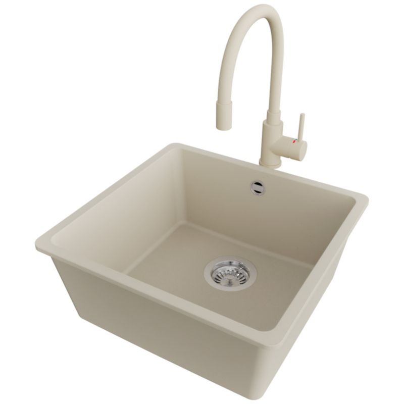 Zlewozmywak Granitowy Wenecja Slim Easy PRIMAGRAN Nablatowy 46x44cm do szafki od 50cm, Beżowy + Bateria + Syfon, S059, 1 szt.