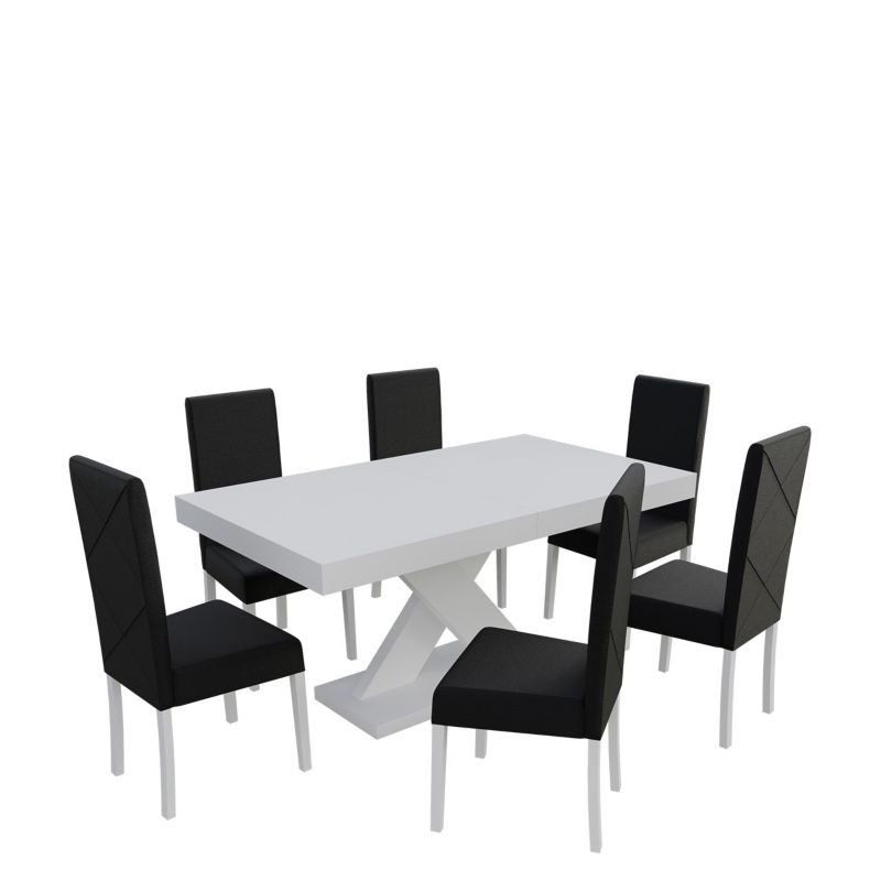 Zestaw RO06 MIRJAN 24 Stół rozkładany S05 90x160/210 + 6 krzeseł K02 biały + czarna ekoskóra 1 kpl.