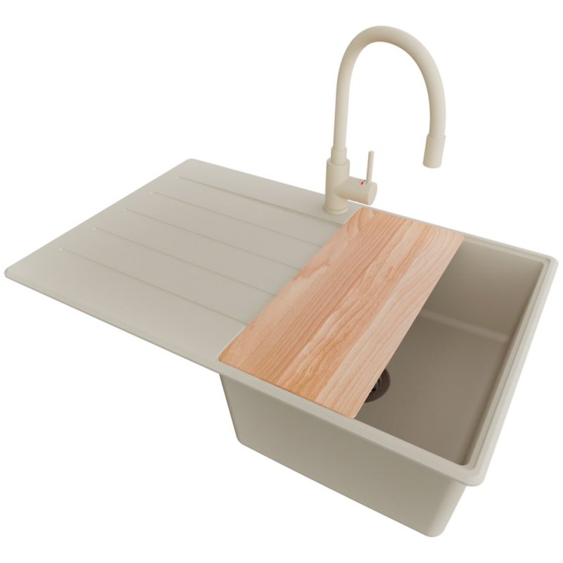 Zlewozmywak Granitowy Kopenhaga PRIMAGRAN Nablatowy 78x50cm do szafki od 45cm, Beżowy + Bateria + Syfon + Deska, S371, 1 szt.