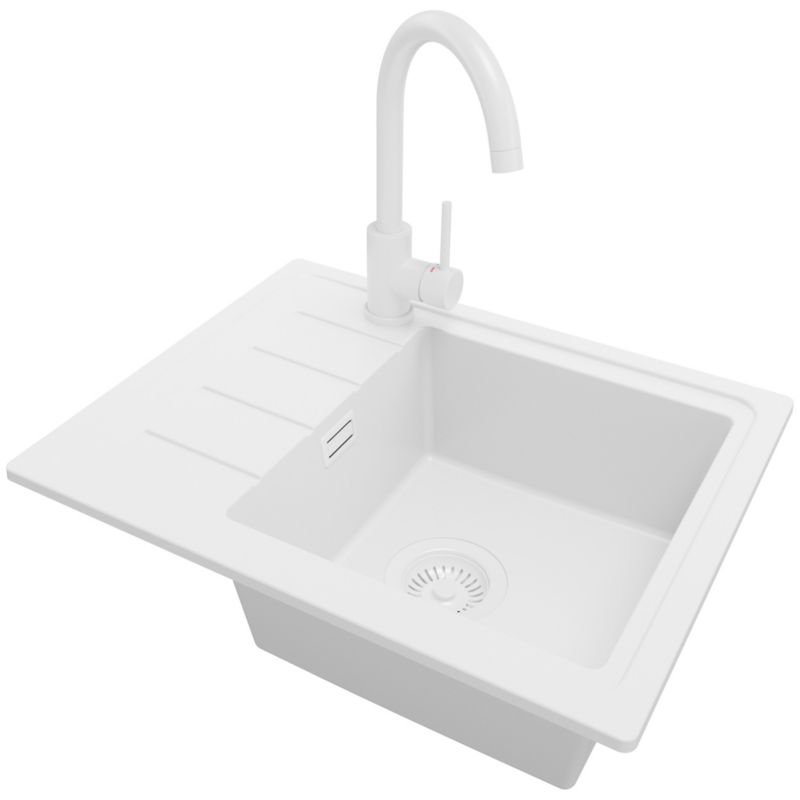 Zlewozmywak Granitowy Kopenhaga Easy PRIMAGRAN Nablatowy 55x44cm do szafki od 45cm, Cały Biały + Bateria + Syfon, S014, 1 szt.