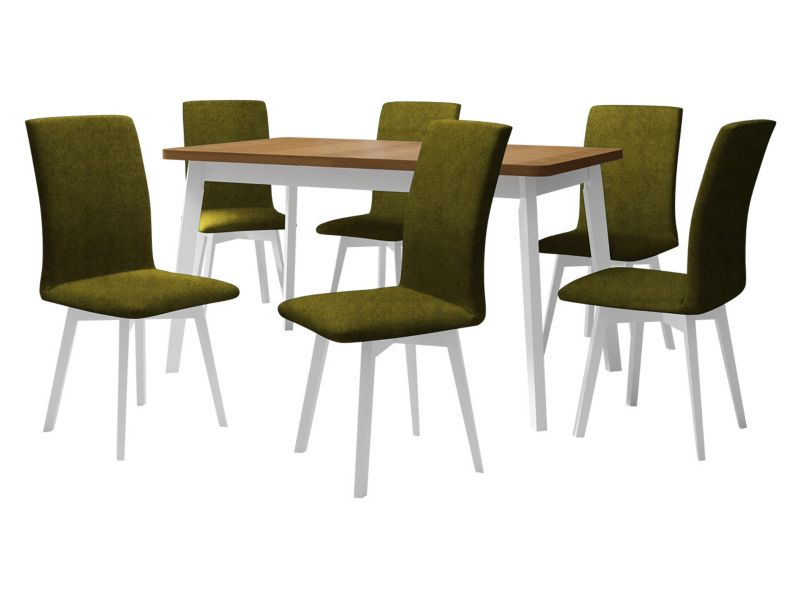 Zestaw DR24 MIRJAN 24 Stół rozkładany Oslo VI 80x140/180 + 6 krzeseł Luna 2 dąb grandson + biały + ciemnozielona tapicerka 1 kpl.