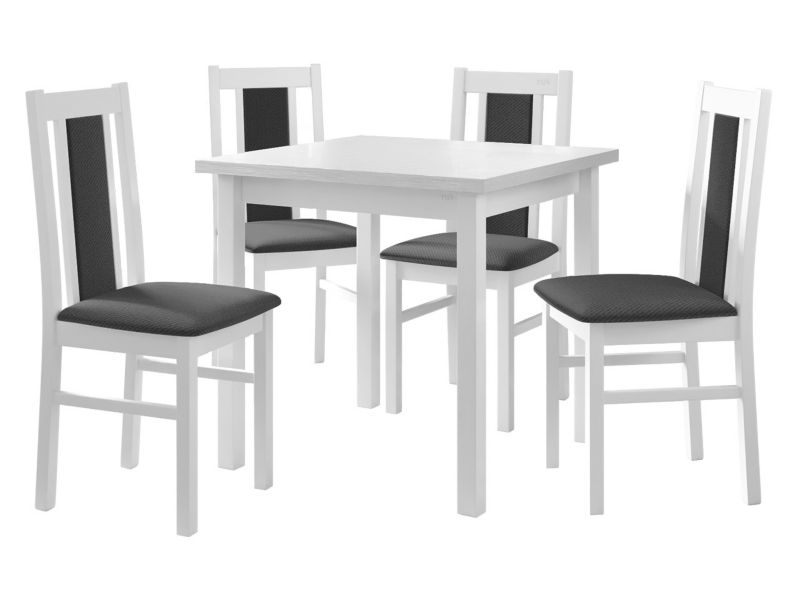Zestaw DR05 MIRJAN 24 Stół Max IX 80 + 4 krzesła Bos 14 biały + ciemnoszara tapicerka 1 kpl.