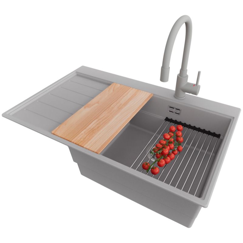 Zlewozmywak Granitowy Sydney PRIMAGRAN Nablatowy 78x50cm do szafki od 50cm, Szary + Bateria + Syfon + Akcesoria, S328, 1 szt.