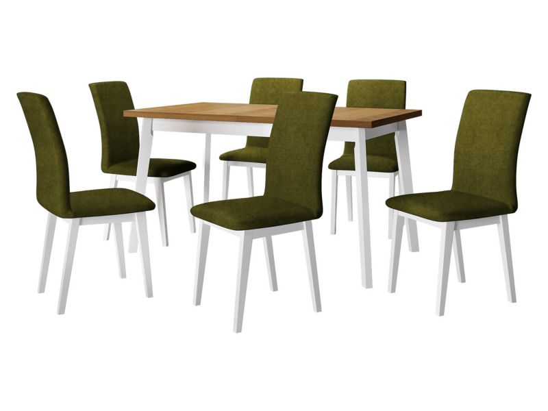 Zestaw DR23 MIRJAN 24 Stół rozkładany Oslo V 80x140/180 + 6 krzeseł Luna 1 dąb grandson + biały + ciemnozielona tapicerka 1 kpl.