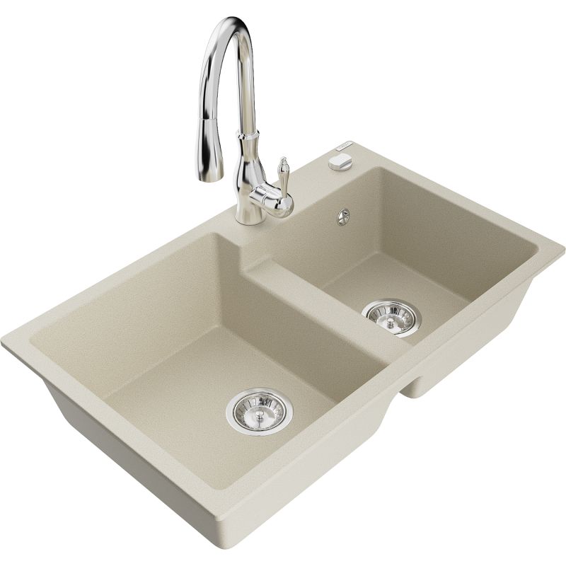 Zlewozmywak granitowy 2-komorowy Mexen Tomas z baterią kuchenną Savita beżowy - 6516-69-672601-70 1 szt.