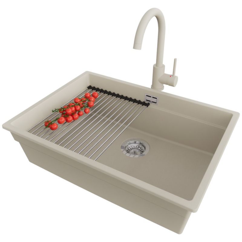 Zlewozmywak Granitowy Praga Slim PRIMAGRAN Nablatowy 66x47cm, Beżowy + Bateria + Syfon + Akcesorium, S448, 1 szt.