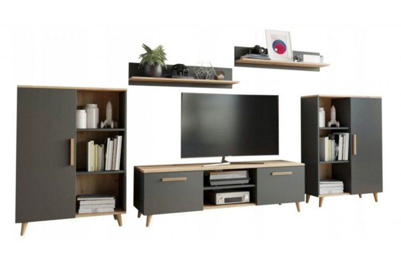 Zestaw mebli do salonu Kobi OSKAR II szafka RTV, komody, półki, styl skandynawski, nogi drewniane - Antracyt / Dąb Artisan 1 szt.