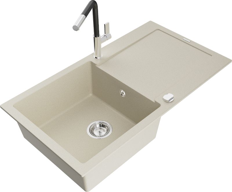Zlewozmywak granitowy Mexen Leo 1-komorowy z ociekaczem i baterią kuchenną Flora beżowy - 6501-69-670401-00 1 szt.