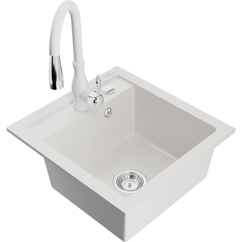 Zlewozmywak granitowy 1-komorowy Mexen Vito z baterią kuchenną Savita biały 6503-20-672601-20