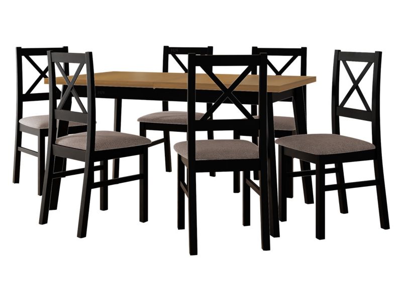 Zestaw DR11 MIRJAN 24 Stół rozkładany Oslo V 80x140/180 + 6 krzeseł Nilo 10 dąb grandson + czarny + jasnobrązowa tapicerka 1 kpl.