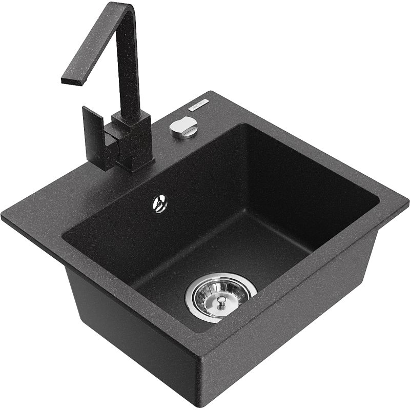 Zlewozmywak granitowy 1-komorowy Mexen Milo z baterią kuchenną Rita czarny/srebrny metalik - 6505-73-670300-70 1 szt.
