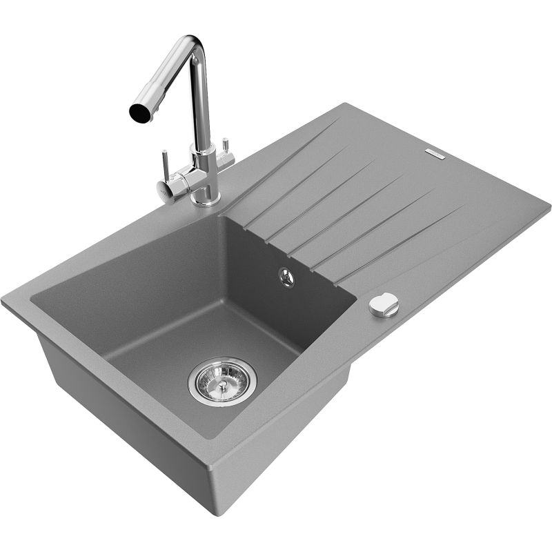 Zlewozmywak granitowy 1-komorowy Mexen Cesar z ociekaczem i baterią kuchenną Duero szary - 6514-71-671600-70-B 1 szt.