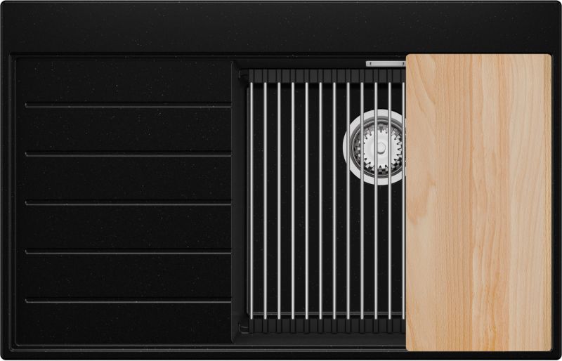 Zlewozmywak Sydney PRIMAGRAN Nablatowy 78x50cm do szafki od 50cm, Czarny Metalik + Syfon + Akcesoria, S317, 1 szt.