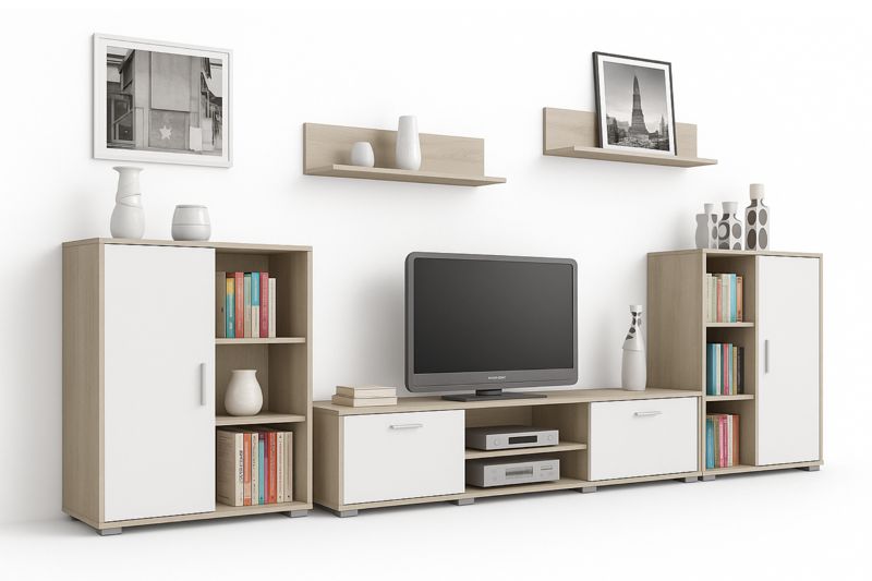 Zestaw mebli do salonu Kobi ERCOL szafka RTV, komody, półki - Dąb Sonoma / Biały 1 szt.