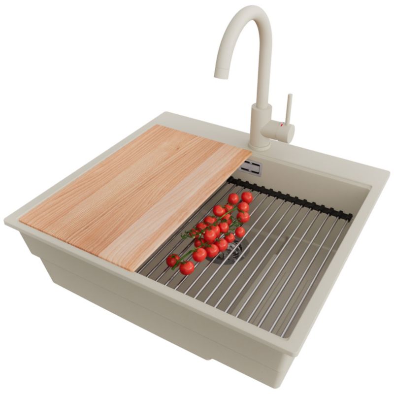 Zlewozmywak Granitowy Oslo Max PRIMAGRAN Nablatowy 58x53cm do szafki od 60cm, Beżowy + Bateria + Syfon + Akcesoria, S044, 1 szt.