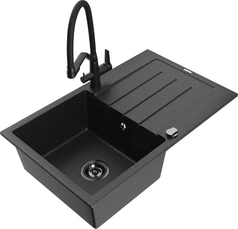 Zlewozmywak granitowy Mexen Bruno 1-komorowy z ociekaczem i baterią kuchenną Duo czarny/złoty - 6513-75-671701-57-B 1 szt.